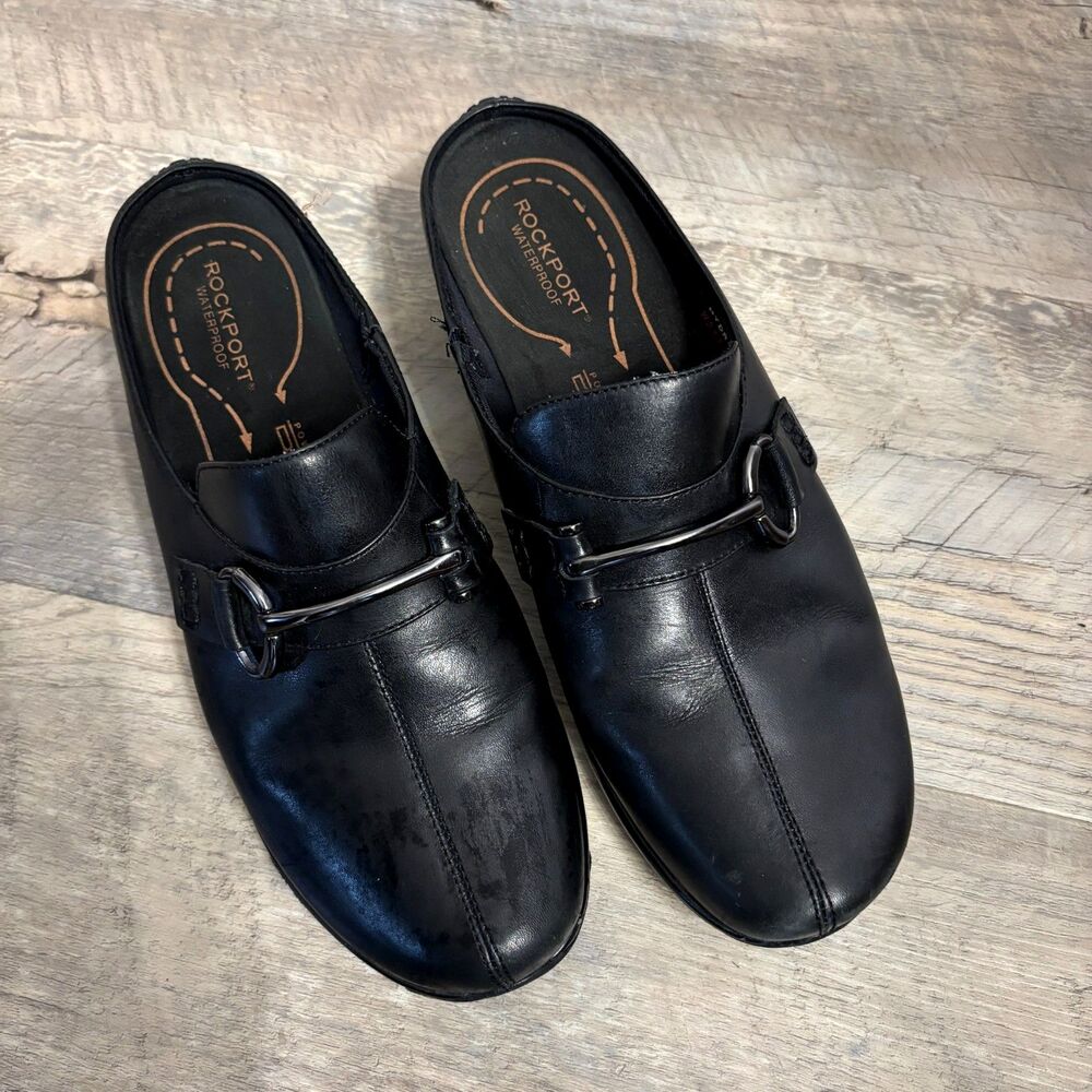 Rockport Women's 9M Barrett Black Leather Waterproof Slip On Mules Loafers NIB